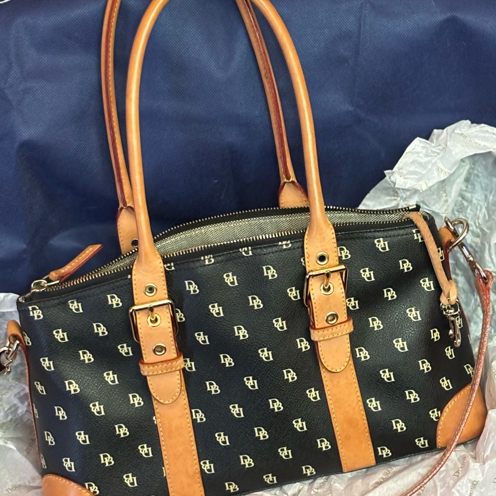 Dooney Bourke vintage vachetta black coated canvas monogram Bag w/wristlet set